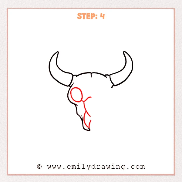 how to draw a bull skull - Bull skull drawing with two horns, a left-side circular eye socket, and new inner lines suggesting the nasal bridge and jaw depth.